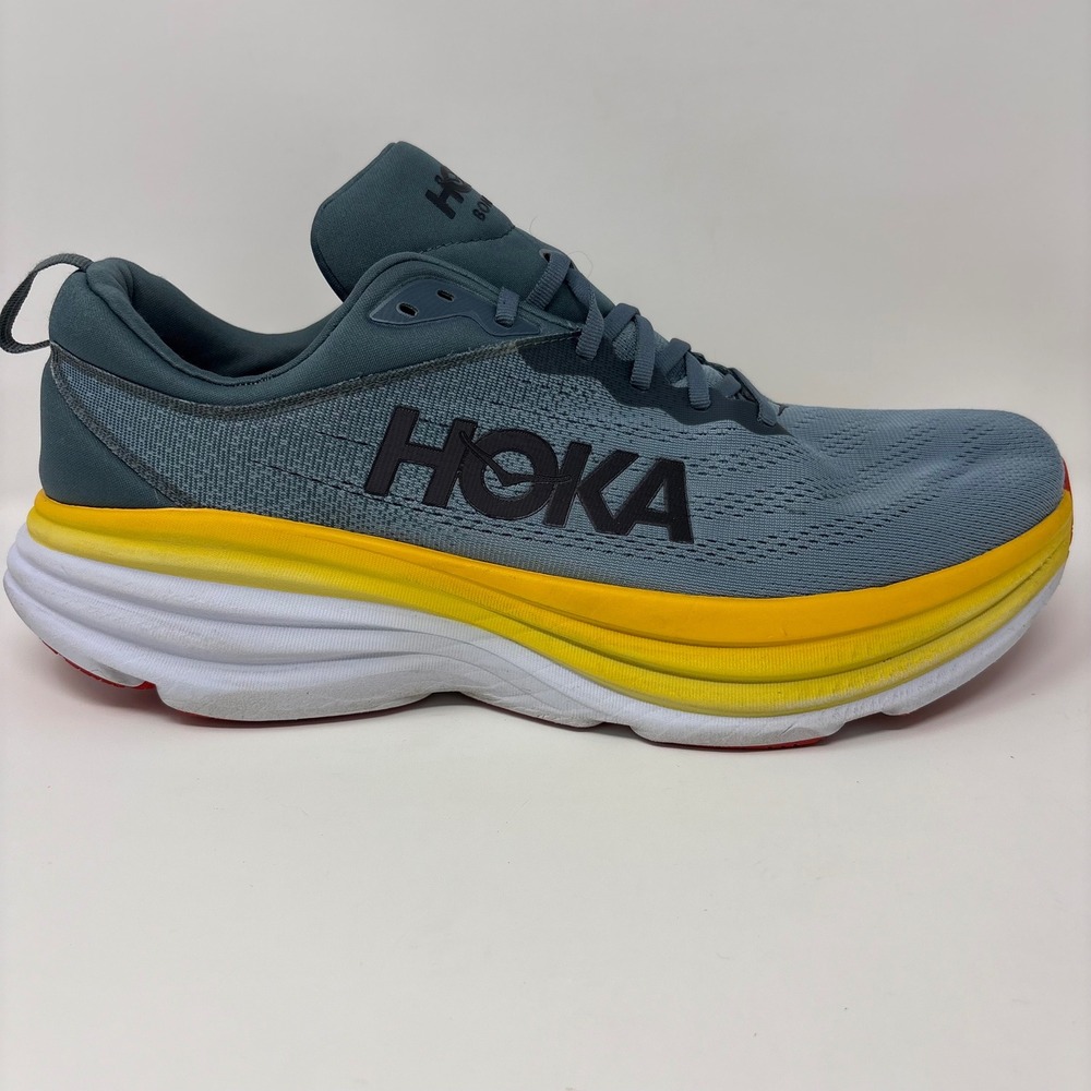 Hoka Bondi 8 Mens Size 14 2E Wide Blue Yellow White Running Shoes (1127953 GBMS)